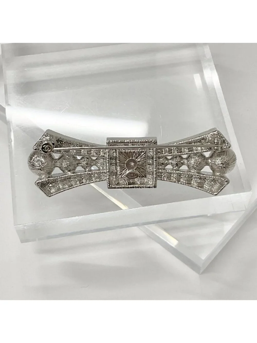 Chanel Brooch Coco Mark Rhinestone Ribbon Pearl Silver